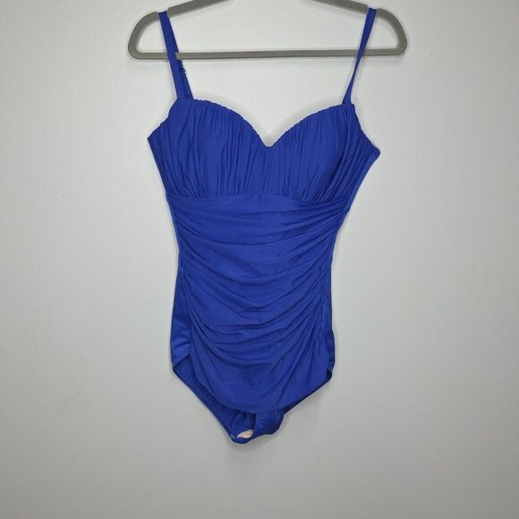 Miraclesuit Women’s One Piece Swimsuit Blue Tank Ruched Padded Size 12 Slimming - Picture 1 of 9